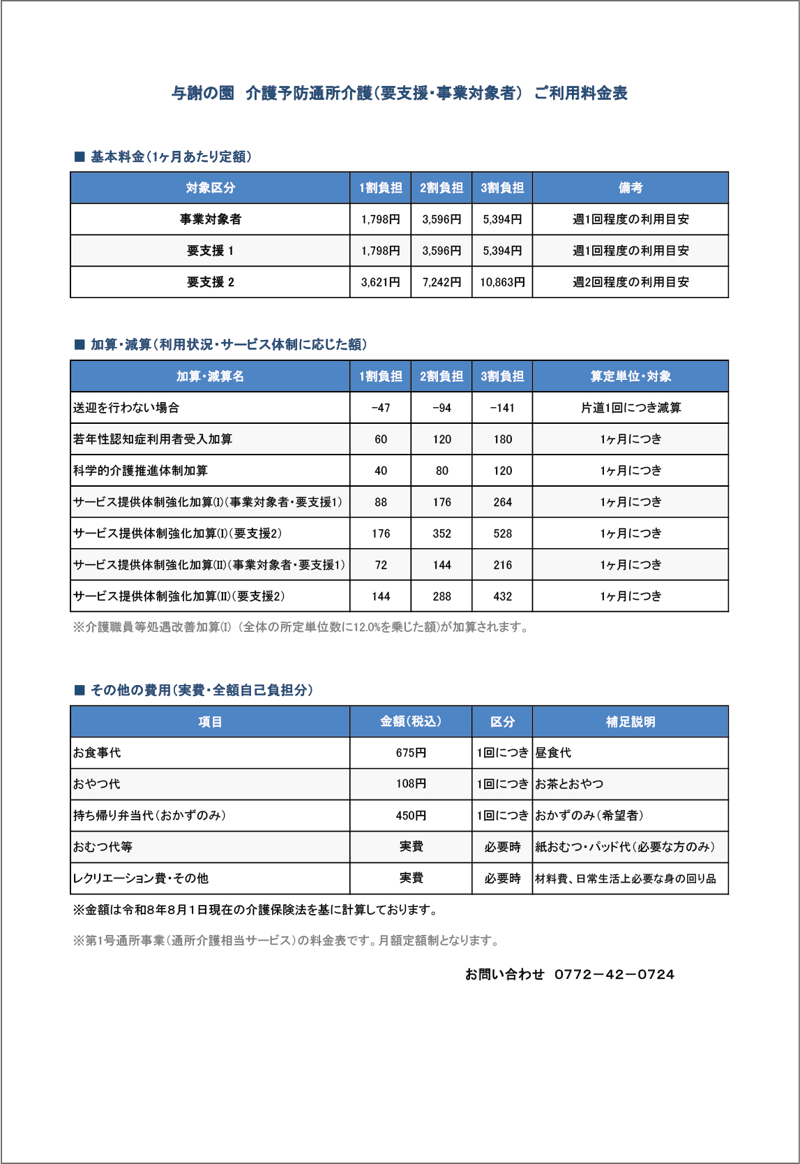与謝の園 介護予防通所介護(要支援・事業対象者) ご利用料金表
