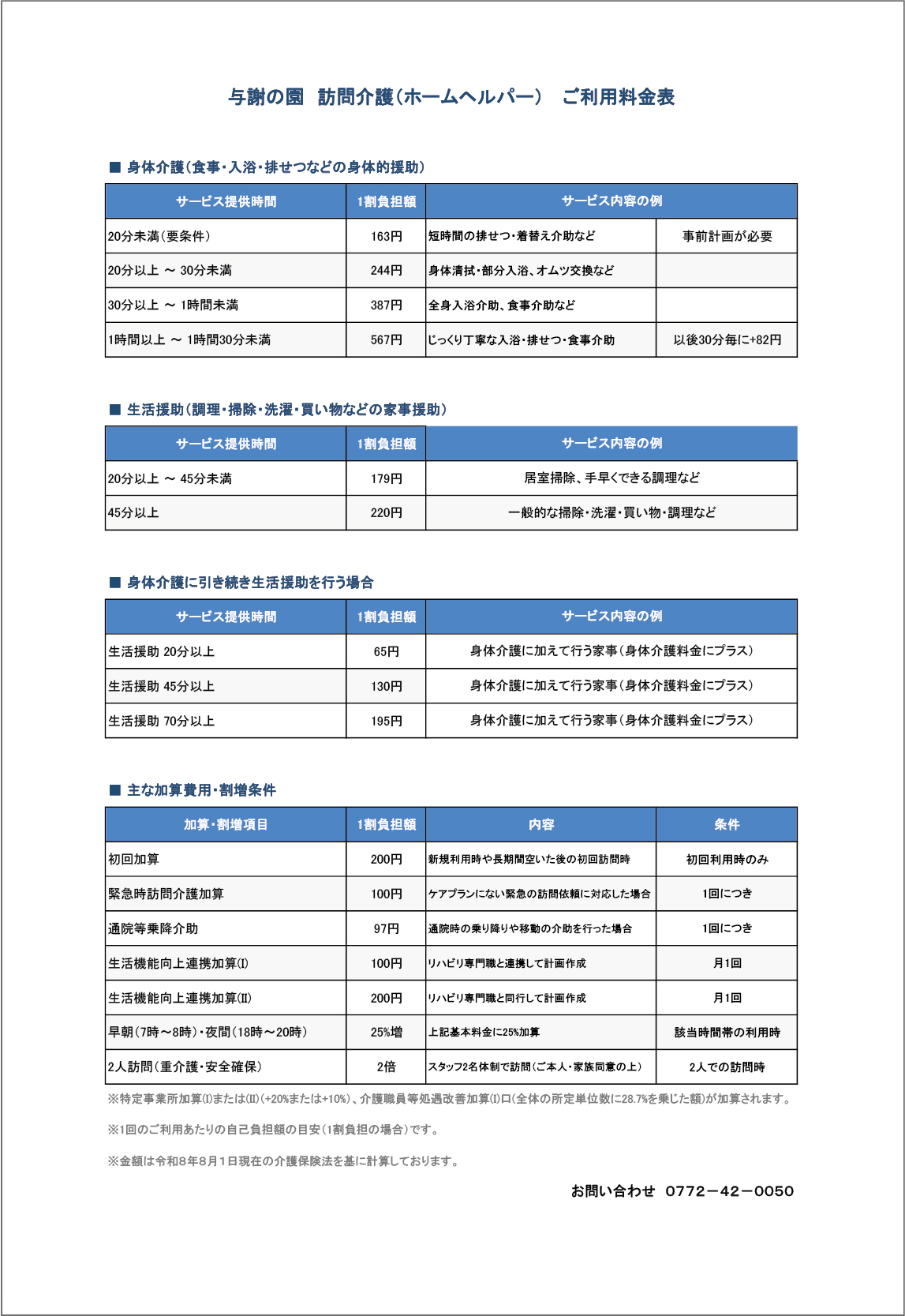 与謝の園 訪問介護(ホームヘルパー)ご利用料金表